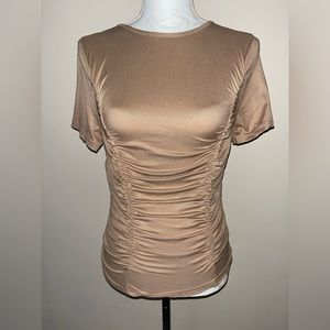 Cute Shein Tan Short Sleeve Form Fitting Ruched Top Size Medium